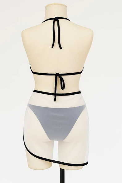 Kadın Siyah Beyaz Pareolu Yandan ve Boyundan Bağlamalı 3'lü Bikini Takımı - Resim 5