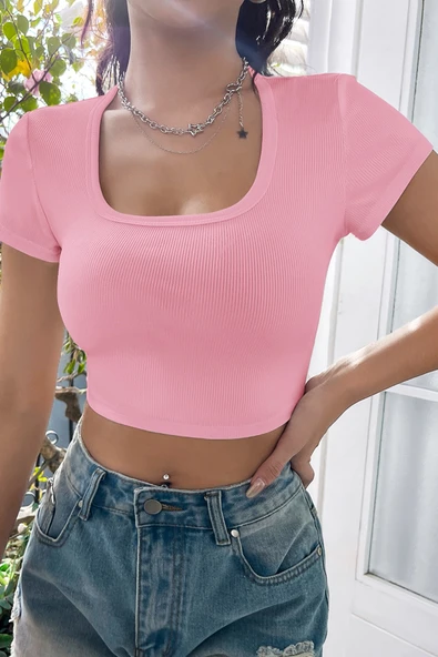 Kadın Pembe Yarım Kol Düz Yaka Crop Top Bluz - Resim 3