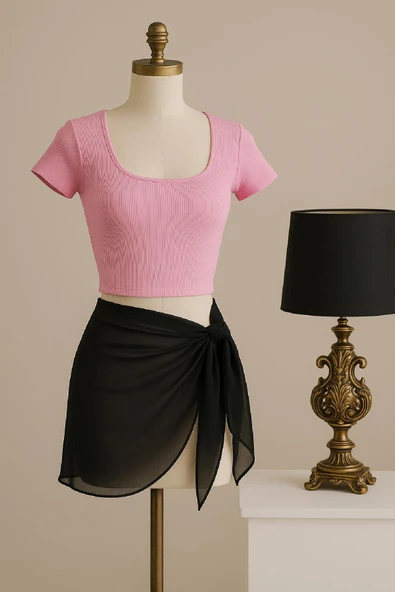 Kadın Pembe Yarım Kol Crop ve Siyah Pareo 2'li Set ürün görseli