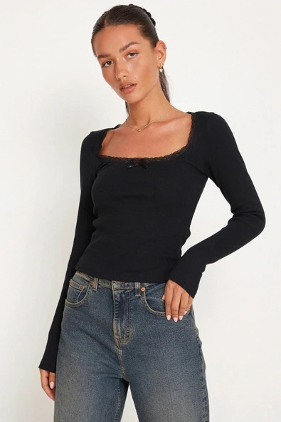 Kadın Siyah Kare Yaka Dantelli Uzun Kollu Crop Top Bluz - Resim 7