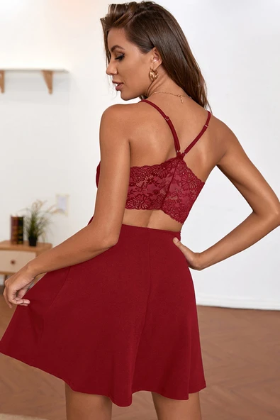 Kadın Bordo İp Askılı, Sırtı ve Göğsü Dantel Detaylı Şık Gecelik ürün görseli