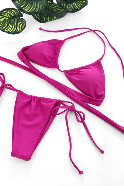 Kadın Fuşya Yandan Bağlamalı Tangalı Üçgen Bikini Mayo Takımı - Resim 2