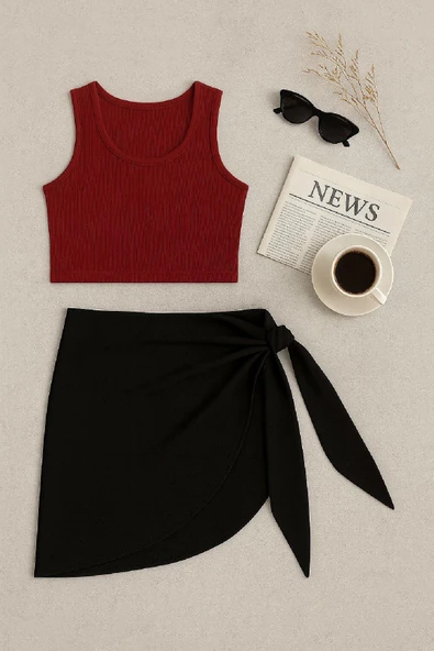 Kadın Bordo Yuvarlak Yaka Crop ve Siyah Pareo 2'li Set - Resim 3