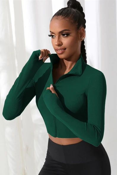 Kadın Yeşil Uzun Kol Fermuarlı Parmak Geçme Detaylı Dik Yaka Crop Top Bluz - Resim 4
