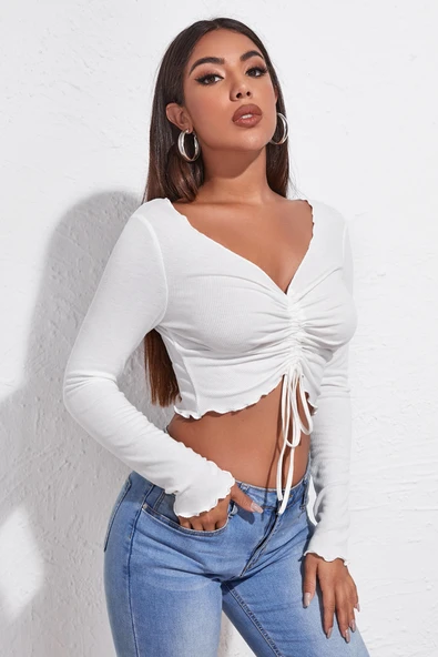 Kadın Beyaz Uzun Kollu Büzdürme Bağcık Detaylı Crop Top Bluz - Resim 3