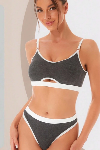 Kadın Gri Antrasit Kaşkorse ve Beyaz Lastikli Cut-Out Tanga Külotlu Takım - Resim 6