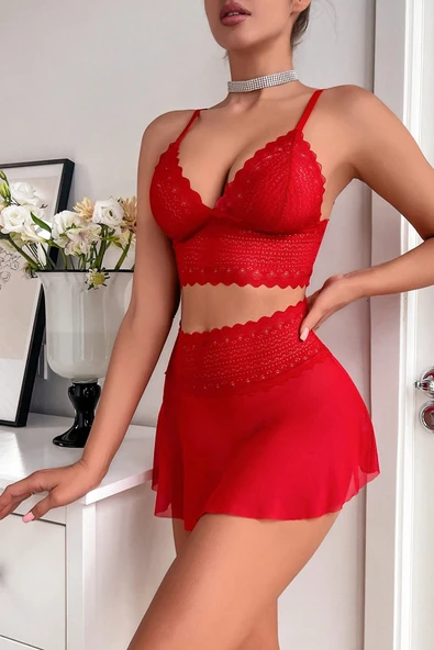 Kadın Kırmızı Dantel ve Tül Detaylı Etekli Şık Gecelik Takımı - Resim 3