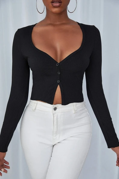 Kadın Siyah Uzun Kollu Düğmeli Göğüs ve Göbek Dekolteli Crop Top Bluz ürün görseli