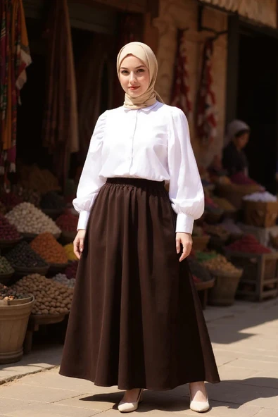 Kadın Kahverengi Double Kumaş Beli Lastikli Cepli Etek - 6