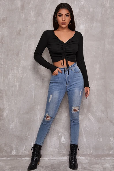 Kadın Siyah Uzun Kollu Büzdürme Bağcık Detaylı Crop Top Bluz - Resim 4