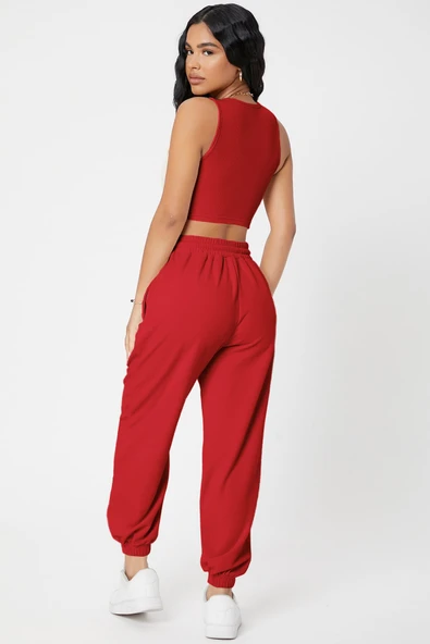Kadın Kırmızı Kaşkorse Cepli Jogger Eşofman Altı ve Crop Top Bluz - Resim 2