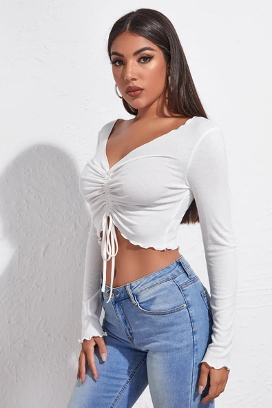 Kadın Beyaz Uzun Kollu Büzdürme Bağcık Detaylı Crop Top Bluz - Resim 4