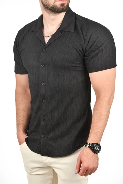 DeepSEA Slim Fit Pamuklu Apaş Yaka Kısa Kol Penye  Gömlek Dokulu Jakar Kumaş Dar Kesim Spor Gömlek 2501216 ürün görseli