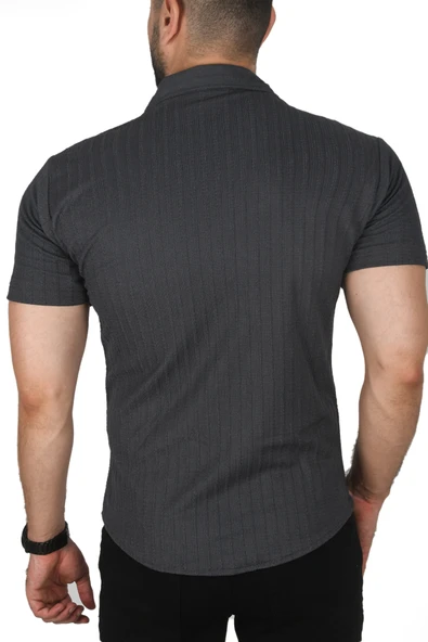 DeepSEA Slim Fit Pamuklu Apaş Yaka Kısa Kol Penye  Gömlek Dokulu Jakar Kumaş Dar Kesim Spor Gömlek 2501216 - Resim 10