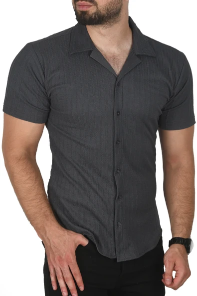 DeepSEA Slim Fit Pamuklu Apaş Yaka Kısa Kol Penye  Gömlek Dokulu Jakar Kumaş Dar Kesim Spor Gömlek 2501216 - Resim 7