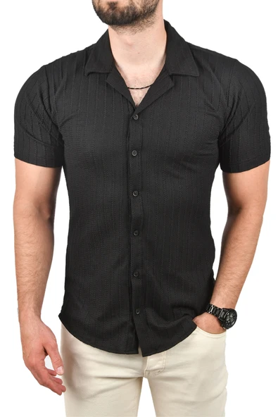 DeepSEA Slim Fit Pamuklu Apaş Yaka Kısa Kol Penye  Gömlek Dokulu Jakar Kumaş Dar Kesim Spor Gömlek 2501216 - Resim 5