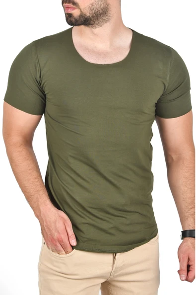 DeepSEA Geniş Yaka Likralı Tişört Oval Yaka Slim Fit Eteği Oval Açık Yaka T-shirt 1801199 - Resim 11