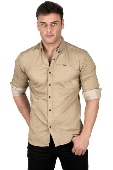 DeepSEA Dar Kesim Çıt Çıt Düğmeli Pamuklu Kot Gömlek Likralı Spor Gömlek 2300412 - Resim 6