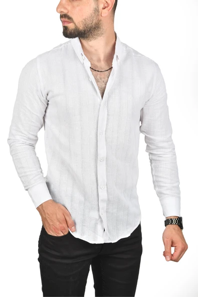 DeepSEA Slim Fit %100 Pamuk Keten Gömlek Dar Kesim Dokulu Keten Gömlek 2501301 - Resim 2