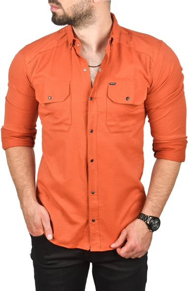 DeepSEA Slim Fit Dar Kesim Pamuklu Spor Gömlek Çıtçıtlı Likralı Gabardin Gömlek 2300421 - Resim 9