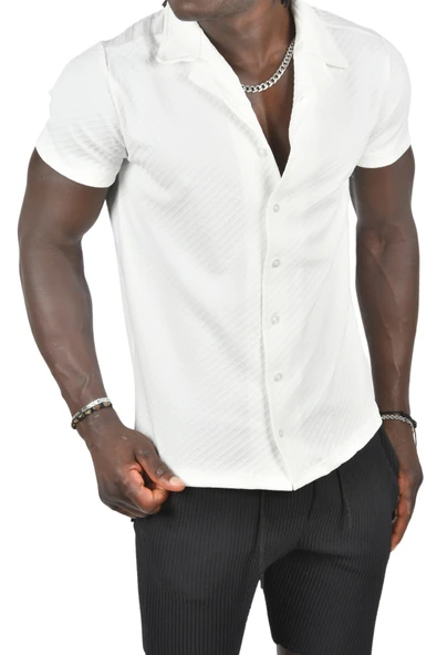 DeepSEA Kabartma Çizgi Desenli Slim Fit Kısa Kollu Penye Gömlek 2403221 - 4
