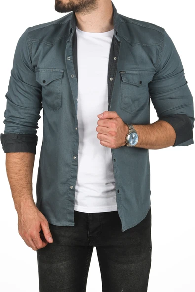 DeepSEA Slim Fit Pamuklu Cepli Kot Gömlek Çıtçıtlı Uzun Kollu Spor Gömlek 2502503 - 11