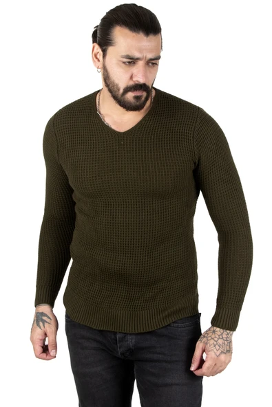 DeepSEA Kare Desenli Dar Kesim V Yaka Triko Kazak 2300341 - 2