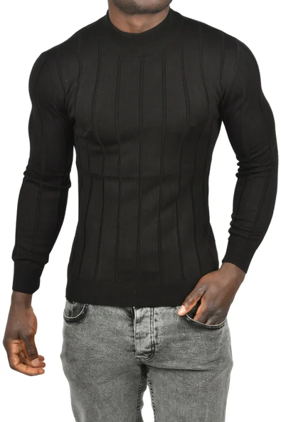 DeepSEA Slim Fit Likralı Tüylenme Yapmayan Yarım Balıkçı Çizgili Triko Yarım Boğazlı Kazak 2505503 ürün görseli