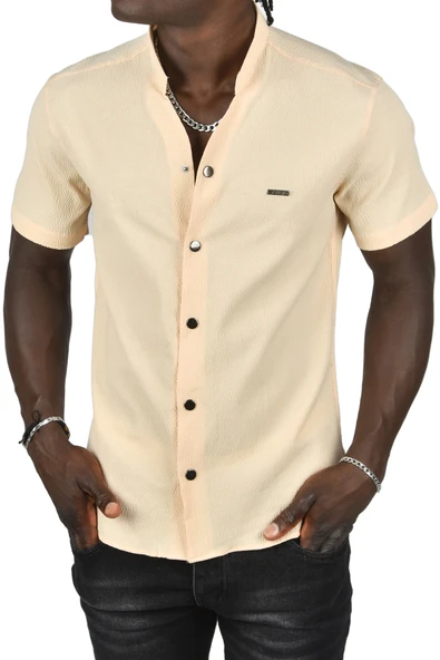 DeepSEA Gofre Kumaş Hakim Yaka Slim Fit Likralı Çıtçıtlı Kısa Kollu Gömlek 2403018 - Resim 8