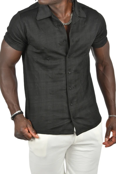 DeepSEA Kabartma Desenli Slim Fit Likralı Kısa Kollu Penye Gömlek 2403222 - Resim 4