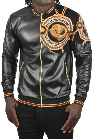 DeepSEA Taş İşlemeli Ejder Desenli Dar Kesim Fermuarlı Suni Deri Ceket Mont 2500616 - 2