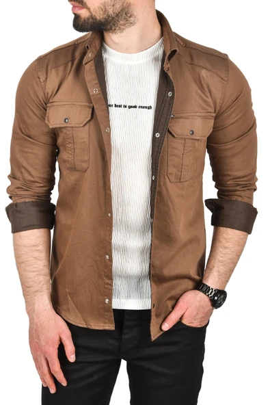 DeepSEA Slim Fit Kolay Ütülenebilir Pamuklu Spor Gömlek Likralı Kot Gömlek 2502505 - Resim 7