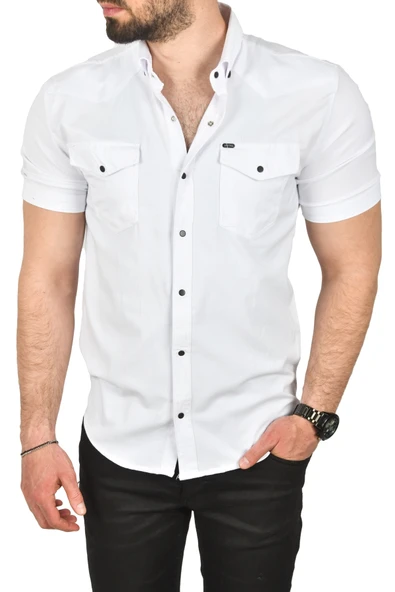 DeepSEA Slim Fit Pamuklu Likralı Kısa Kol Gömlek Kolay Ütülenebilir Çıt Çıtlı Cepli Spor Gömlek 2400253 - 2