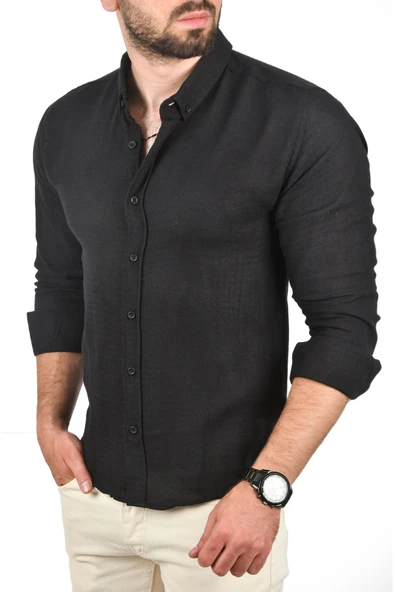 DeepSEA Slim Fit %100 Pamuk Keten Gömlek Dar Kesim Dokulu Keten Gömlek 2501302 - Resim 8