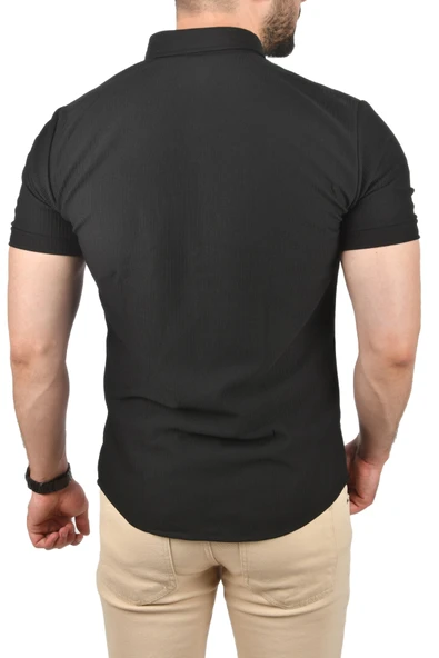 DeepSEA Slim Fit Pamuklu Spor Gömlek Likralı Dar Kesim Jakar Kumaş Kısa Kol Gömlek 2501210 - Resim 5