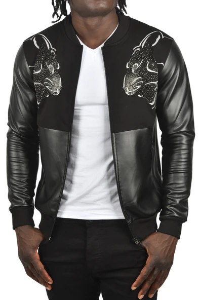 DeepSEA Taş İşlemeli Leopar Desenli Suni Deri Ceket Mont Biker Ceket 2500728 - 7