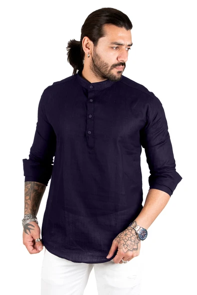 DeepSEA Yarım Düğmeli Hakim Yaka Flamlı Keten Gömlek 2201914 - Resim 11