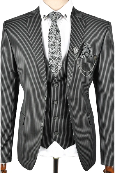 DeepSEA Çift Düğme Çift Yırtmaç Çizgili Slim Fit 3 Lü Takım Elbise 2300162 - 2