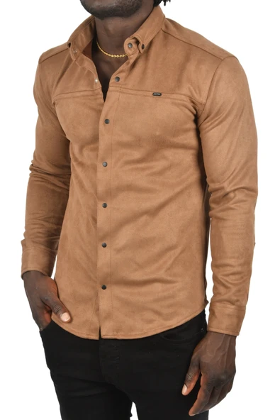 DeepSEA Likralı Çıtçıtlı Kırışmayan Süet Kumaş Slim Fit Cepsiz Mevsimlik Gömlek 2500556 - 6