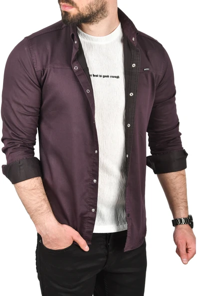 DeepSEA Slim Fit Pamuklu Kot Gömlek Kolay Ütülenebilir Çıt Çıtlı Likralı Spor Gömlek 2502504 - 8