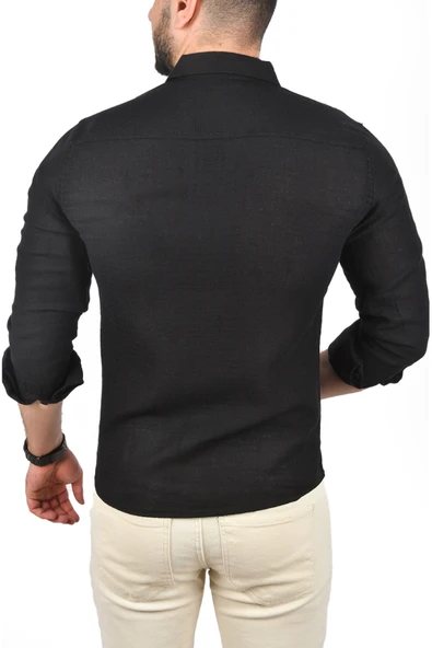 DeepSEA Slim Fit %100 Pamuk Keten Gömlek Dar Kesim Dokulu Keten Gömlek 2501302 - Resim 11