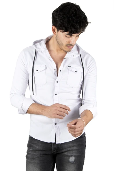 DeepSEA Kapüşonlu Slim Fit Dar Kesim Gömlek Likralı Pamuklu Likralı Kot Gömlek 2300396 - 1