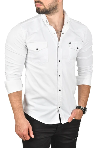 DeepSEA Slim Fit Pamuklu Cepli Kot Gömlek Çıtçıtlı Uzun Kollu Spor Gömlek 2502503