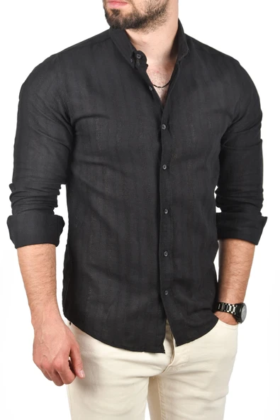 DeepSEA Slim Fit %100 Pamuk Keten Gömlek Dar Kesim Dokulu Keten Gömlek 2501301 - Resim 7