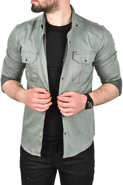 DeepSEA Slim Fit Kolay Ütülenebilir Pamuklu Spor Gömlek Likralı Kot Gömlek 2502505 - Resim 11