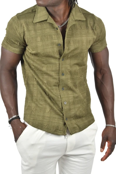 DeepSEA Kabartma Desenli Slim Fit Likralı Kısa Kollu Penye Gömlek 2403222 - Resim 12