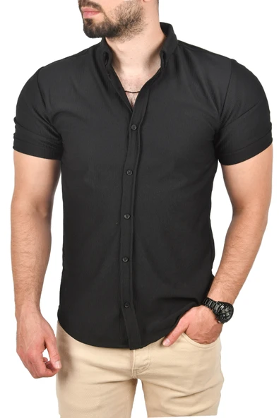 DeepSEA Slim Fit Pamuklu Spor Gömlek Likralı Dar Kesim Jakar Kumaş Kısa Kol Gömlek 2501210 ürün görseli