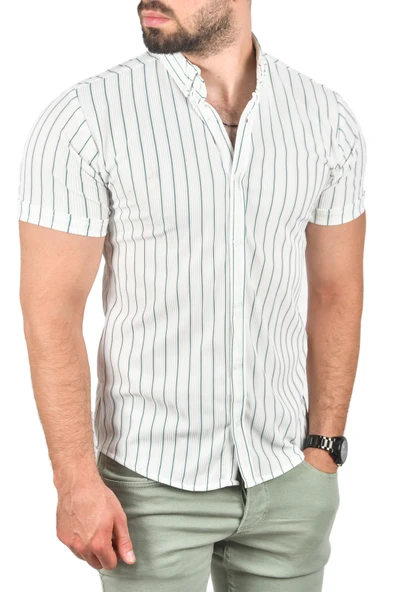 DeepSEA Slim Fit Likralı Spor Gömlek Dar Kesim Çizgili Kısa Kol Gömlek 2501218 - 12