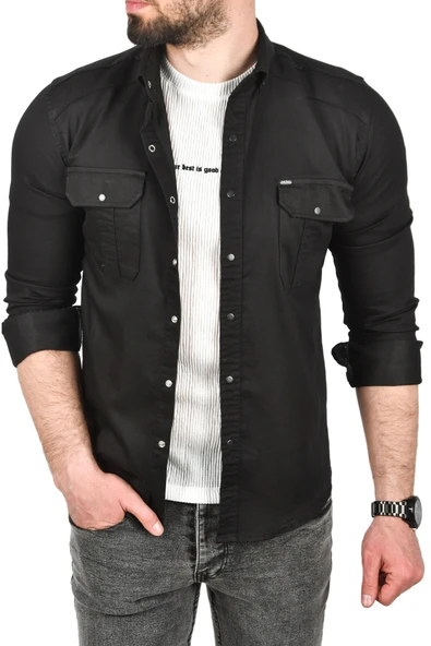 DeepSEA Slim Fit Kolay Ütülenebilir Pamuklu Spor Gömlek Likralı Kot Gömlek 2502505 - Resim 4