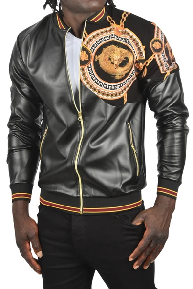 DeepSEA Taş İşlemeli Ejder Desenli Dar Kesim Fermuarlı Suni Deri Ceket Mont 2500616 - 5